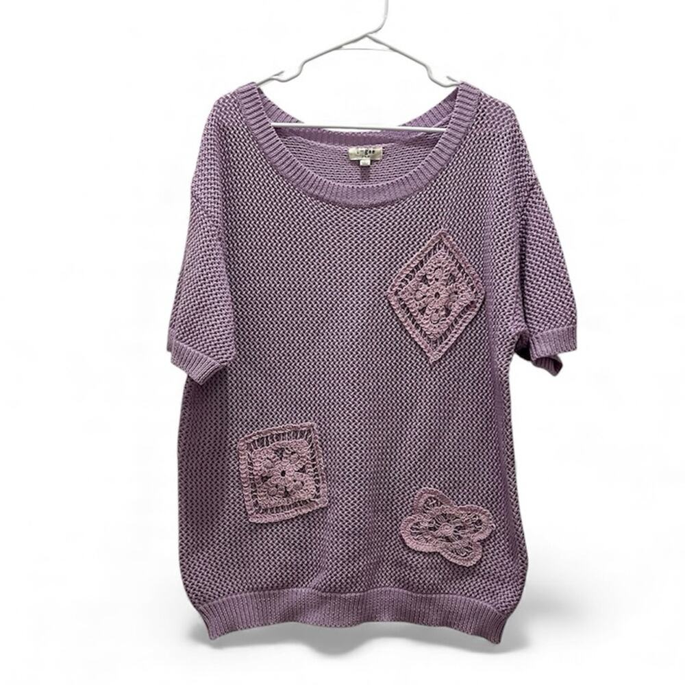 Umgee Women’s Lavender Purple Short-Sleeve Knit Sweater Crochet Florals size L
